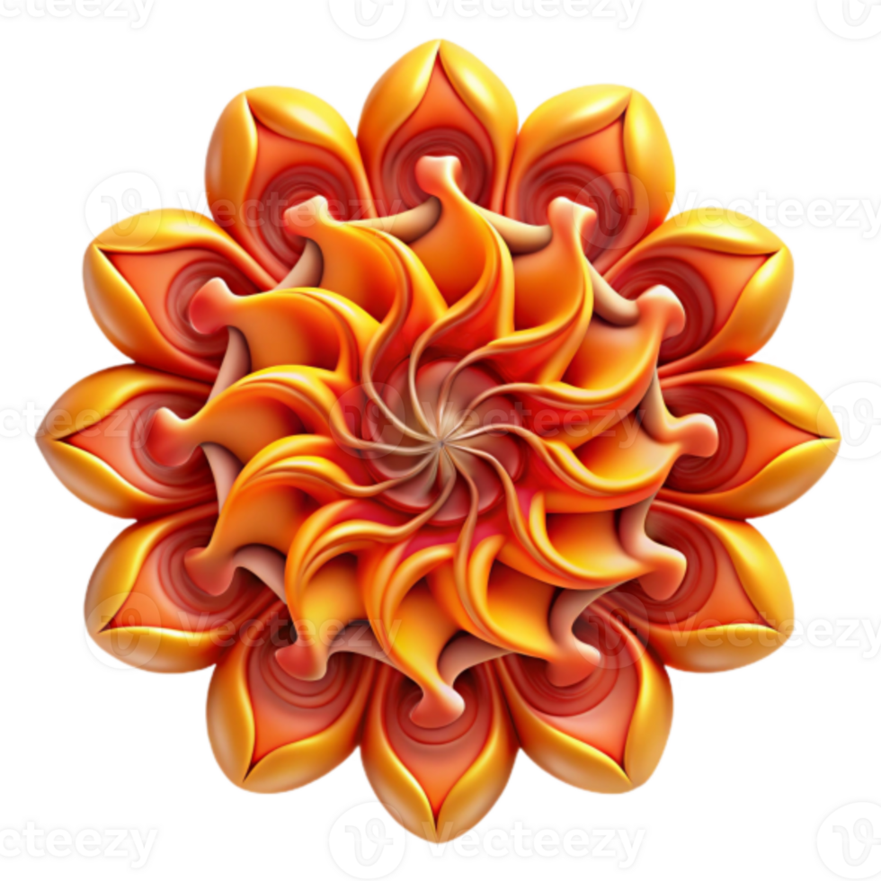 3D Abstract Floral Mandala Design, Orange and Yellow Swirl Pattern, Intricate Geometric Flower Illustration png