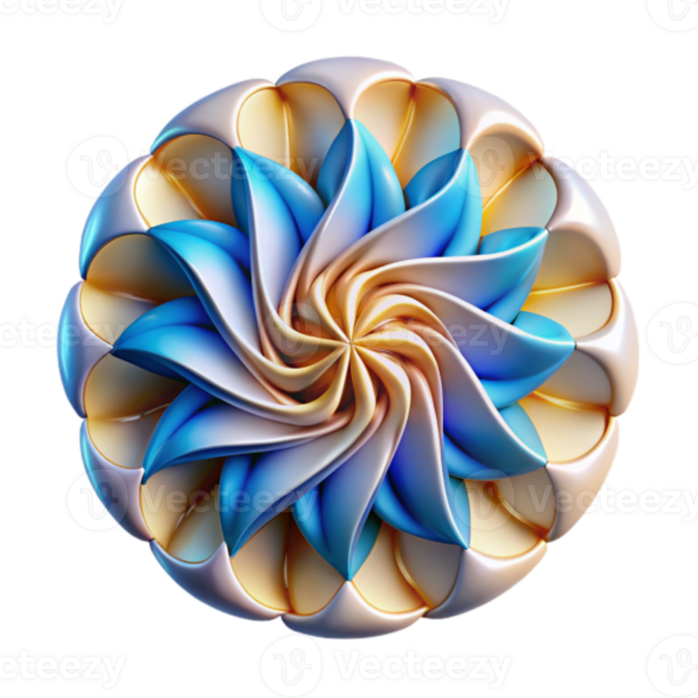 Abstract 3D Render of a Swirling Flower Mandala in Blue and Gold png