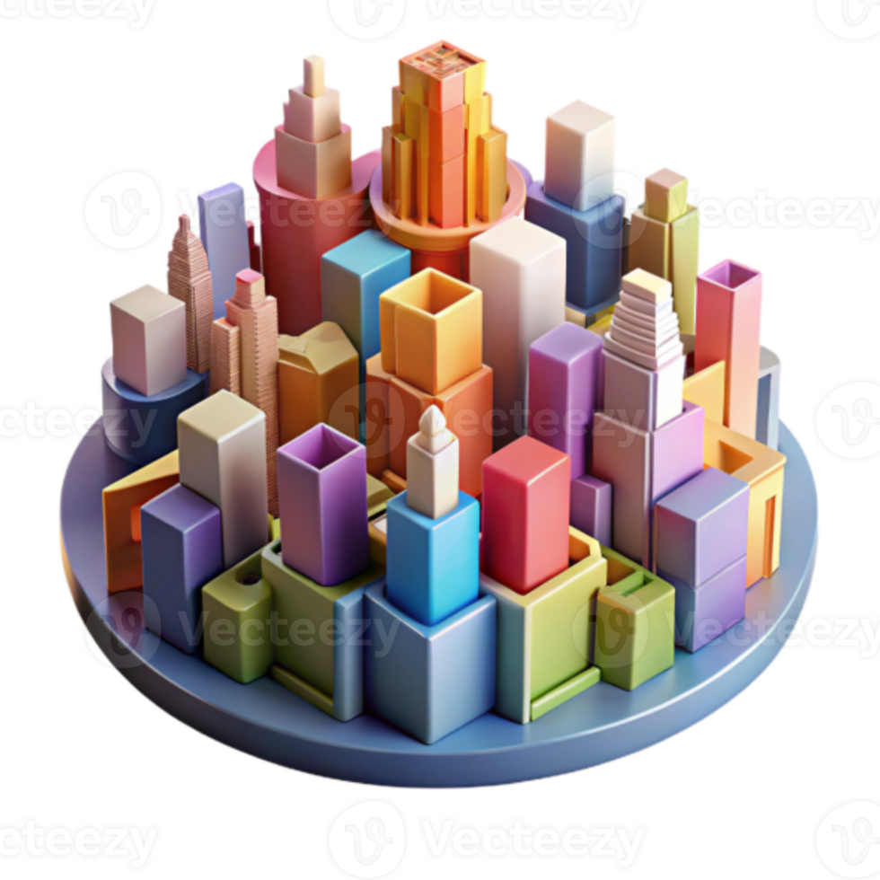 Colorful 3D Cityscape Illustration Abstract Urban Blocks, Geometric Architecture, Modern Design png