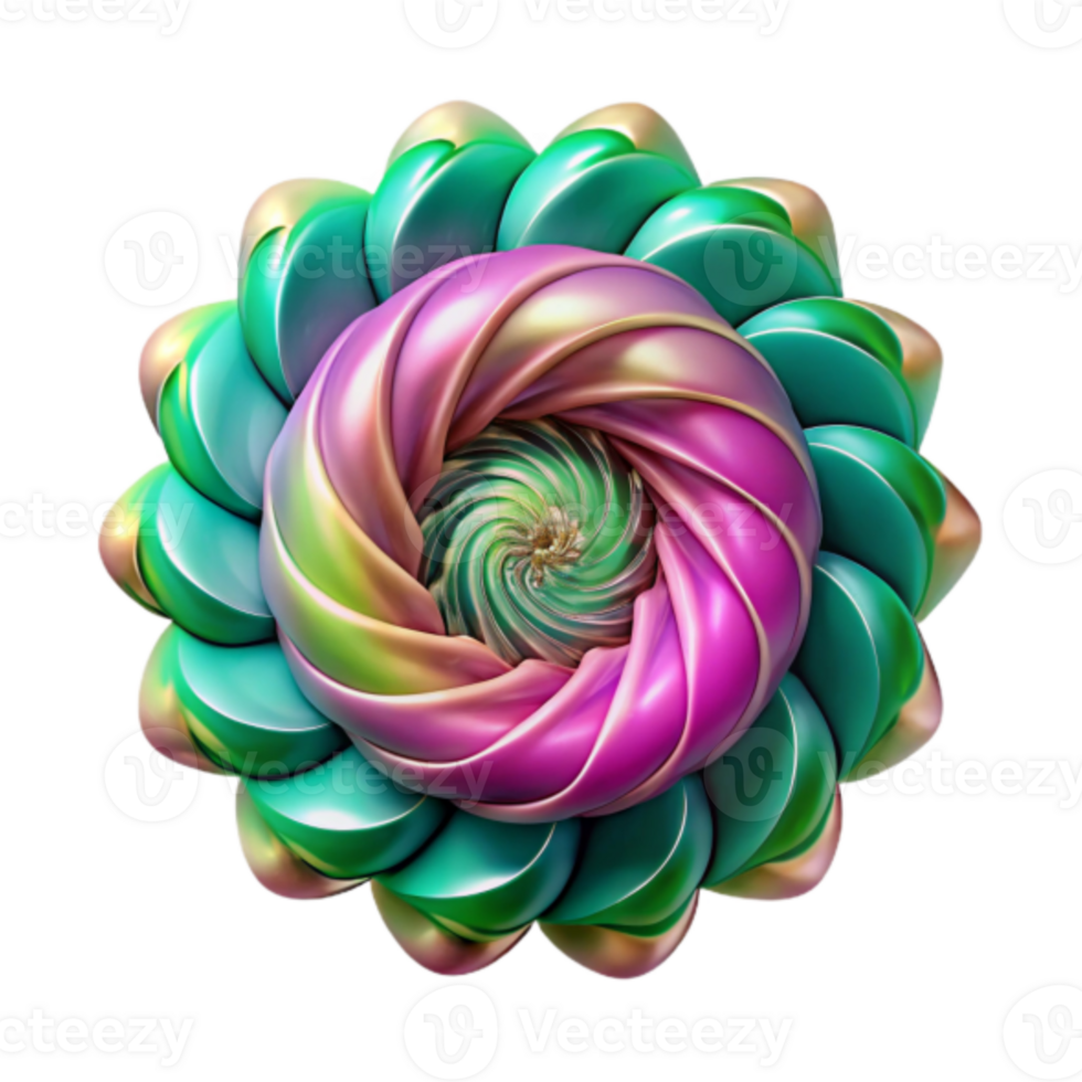 Iridescent 3D Floral Abstract Design, Swirling Rainbow Hues, Geometric Flower, Psychedelic Art, Modern Digital Artwork, Vibrant Colors, 3D Render, Abstract Background Image png