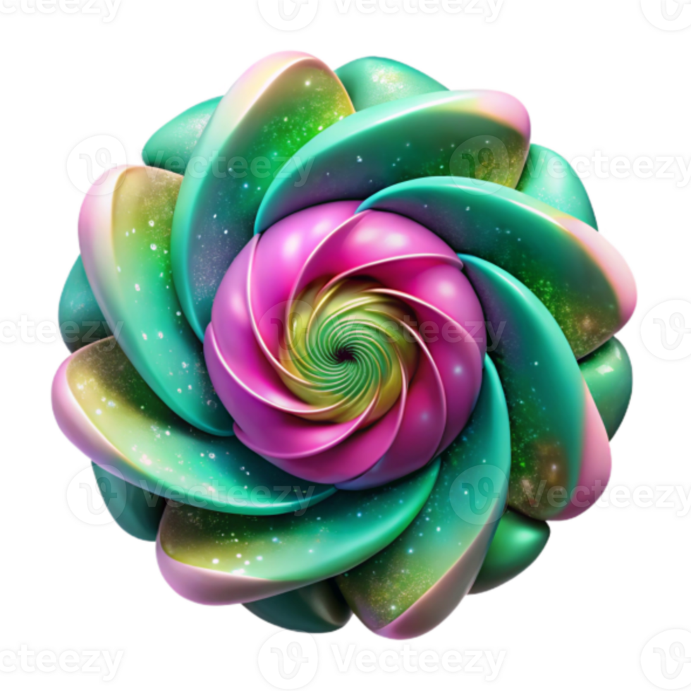 Vibrant 3D Spiral Flower Illustration, Abstract Swirl Design, Colorful Galaxy Texture, Green Pink Hues, Shiny Glossy Petals, Geometric Art png