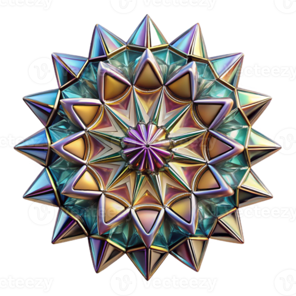 Iridescent 3D Geometric Mandala An Abstract Digital Illustration of a Multifaceted Starburst Design png