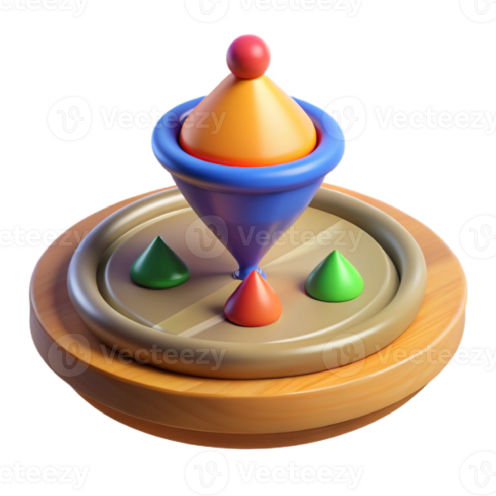 Vibrant 3D Render of a Colorful Spinning Top Toy on Wooden Base png