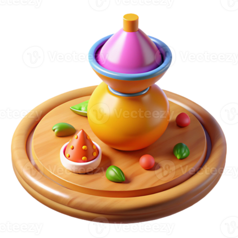 3D Render of Colorful Cartoon Teapot with Fruit on Wooden Tray png