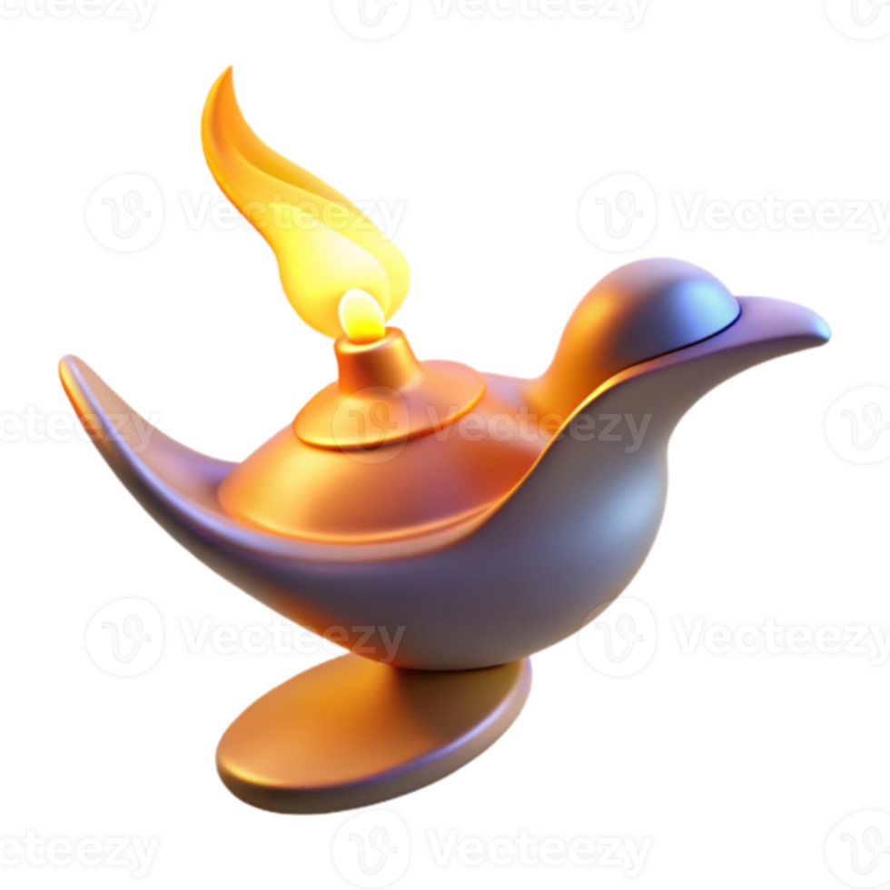 3D Render of a Golden Oil Lamp with a Bright Flame png