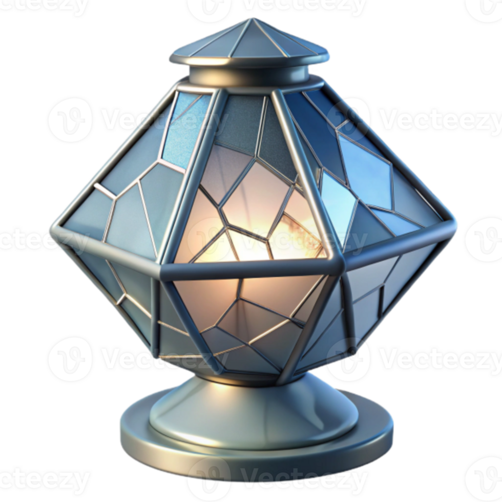 Geometric Glass Lamp 3D Render, Illuminated Stained Glass, Metal Base, Facet Design, Ornamental Light Fixture, Home Decor, Intricate Details, Modern Lighting png