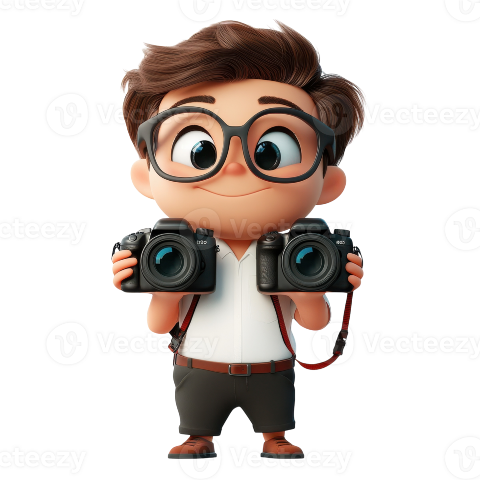 3D Animated Character with Cameras on transparent background. png