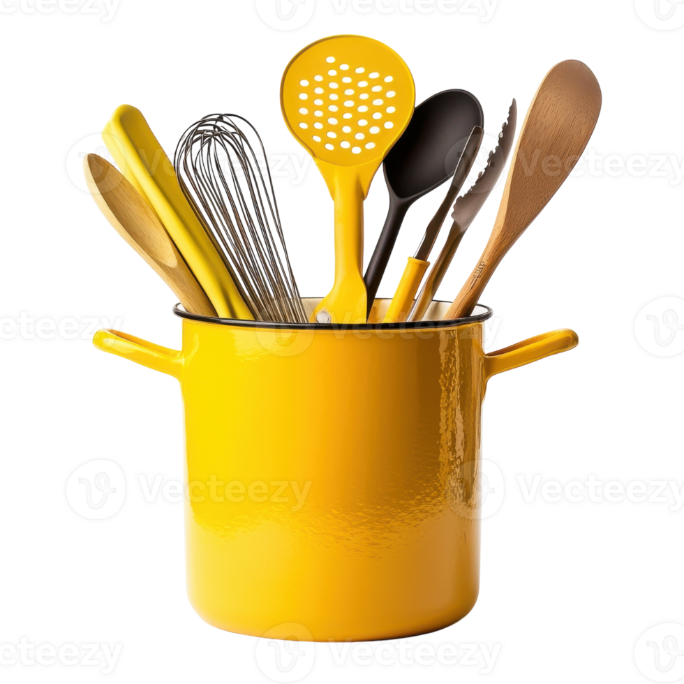 Cooking Utensils in Yellow Pot on transparent background. png