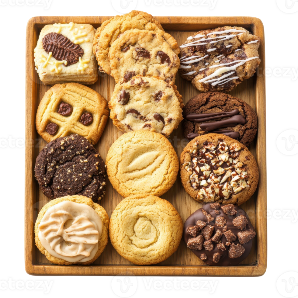 Delicious Cookies Wooden Tray on transparent background. png