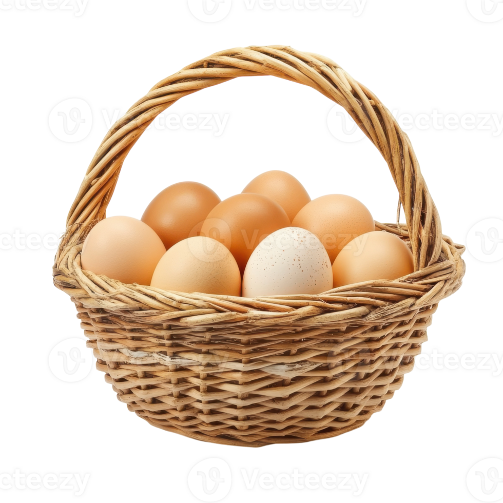 Fresh Eggs in Rustic Basket on transparent background. png