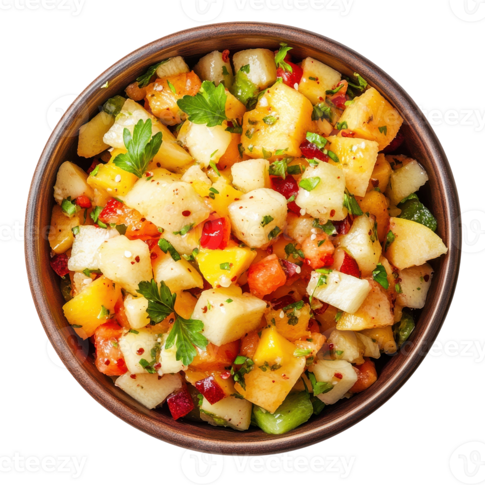 Fresh Fruit Salad Bowl Top View on transparent background. png