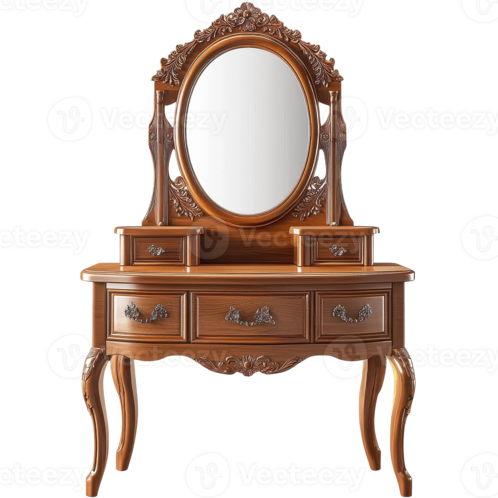 Elegant Wooden Dresser with Mirror on transparent background. png
