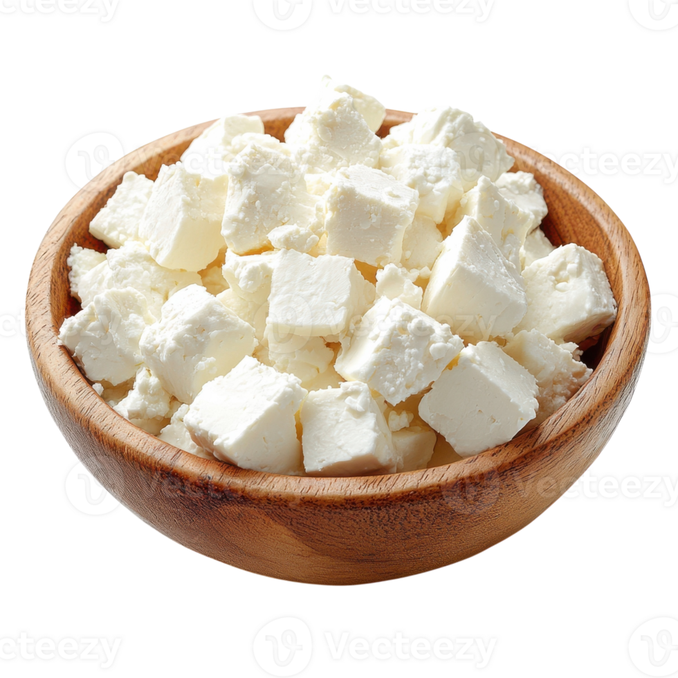 Wooden Bowl of Feta Cheese on transparent background. png
