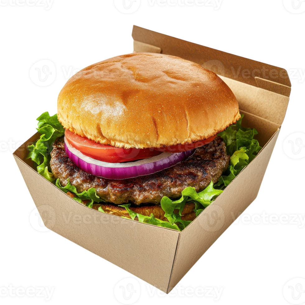Delicious Burger in Box on transparent background. png