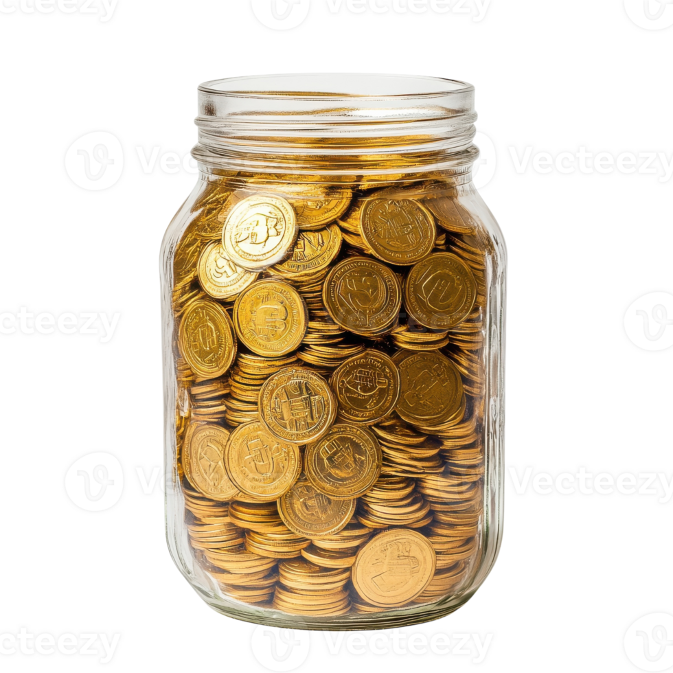 Golden Coins in Glass Jar on transparent background. png