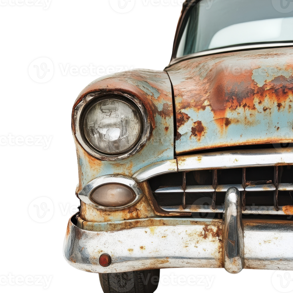 Rusty Car Dramatic Closeup on transparent background. png