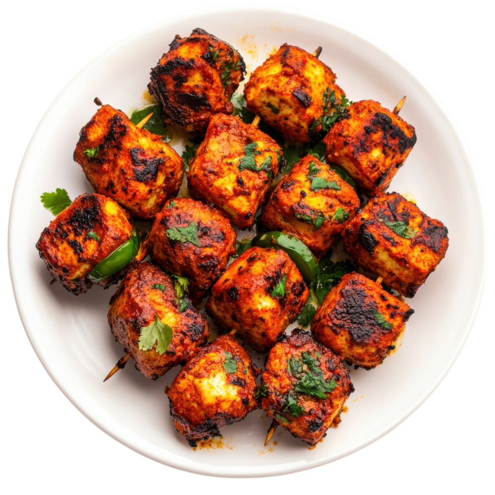 Indian Paneer Tikka Dish on transparent background. png