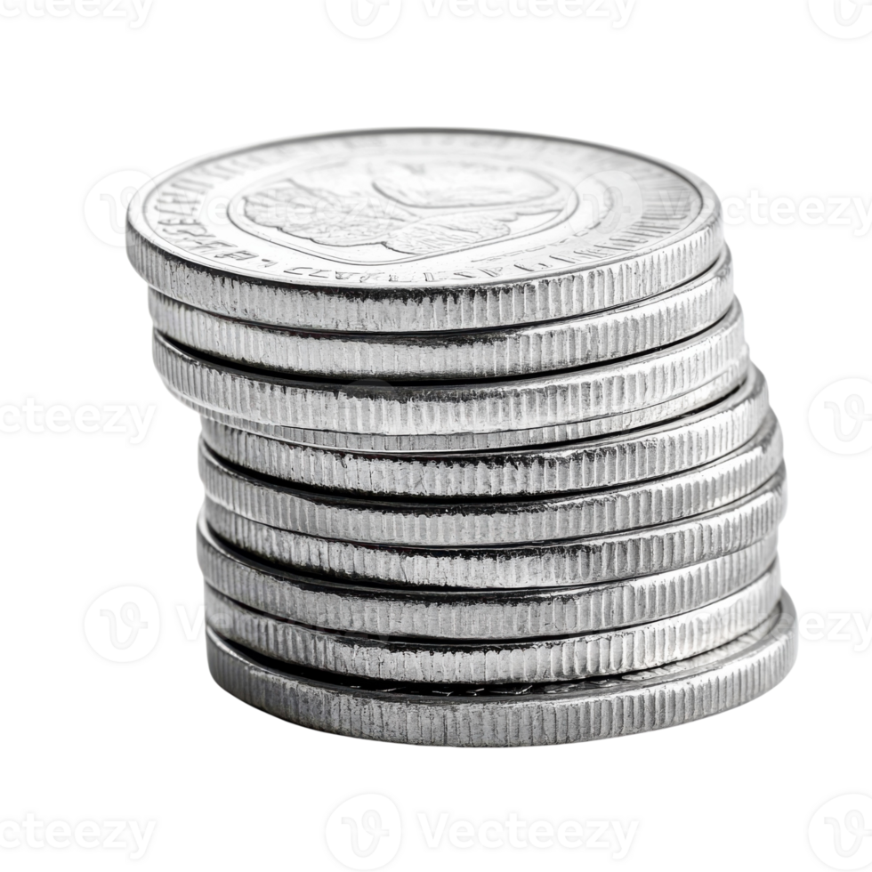 Silver Coin Stack White Background on transparent background. png