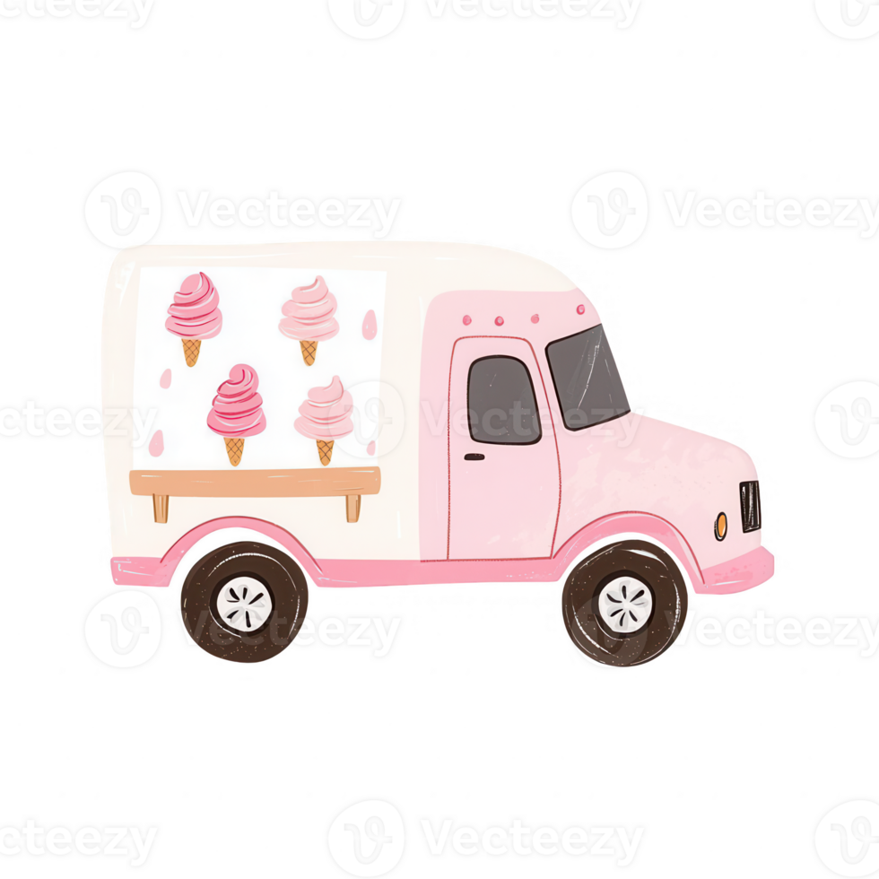 A cheerful pink ice cream truck serving delicious frozen treats on a sunny day. png