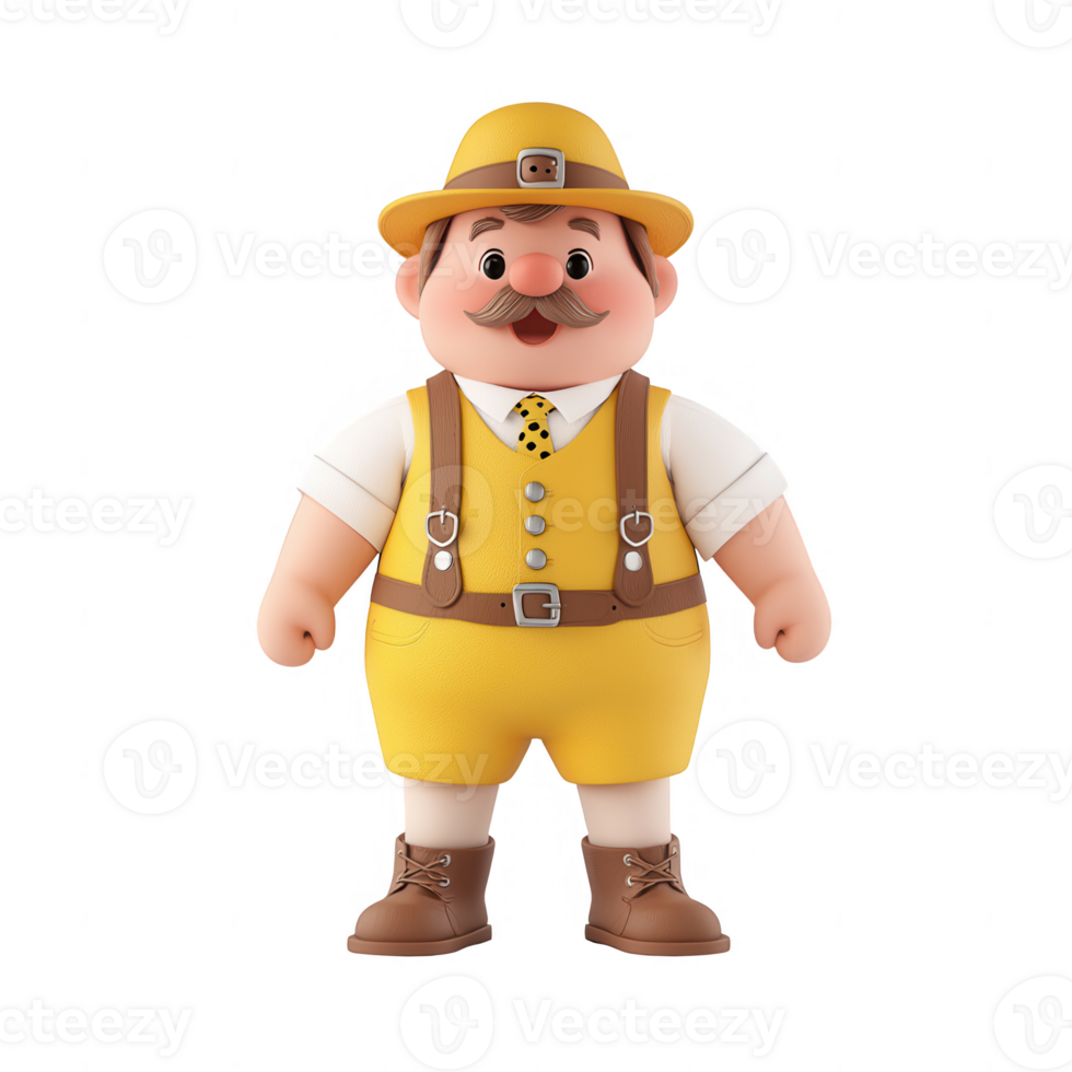 A cheerful cartoon character with a yellow outfit, mustache, and friendly demeanor. png