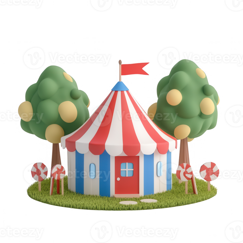 A colorful circus tent surrounded by playful trees and candy elements. png