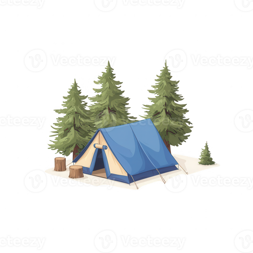 A cozy camping scene featuring a tent surrounded by lush evergreen trees. png