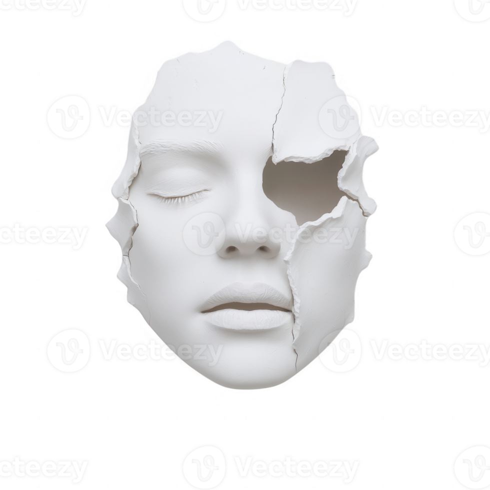 A cracked white face sculpture symbolizing broken identity and emotional distress. png