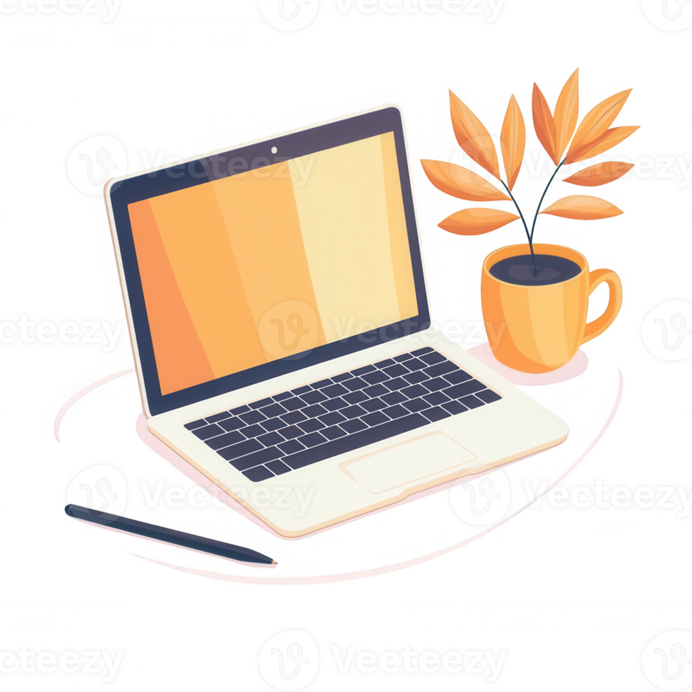 A cozy workspace featuring a laptop, a cup of coffee, and a vibrant plant. png