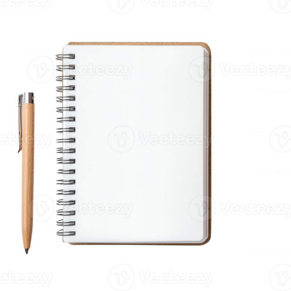 A blank notebook and wooden pen ready for creative ideas and handwritten notes. png