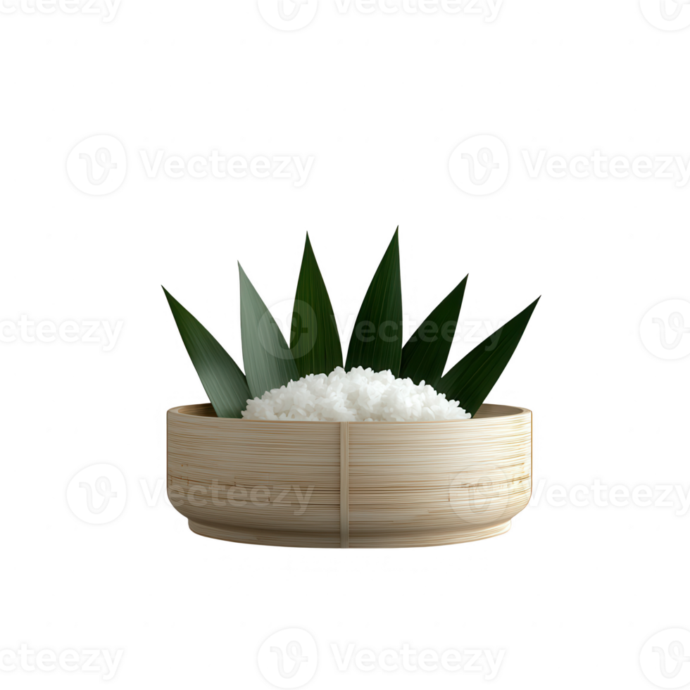 A bowl of white rice surrounded by vibrant green leaves on a simple background. png