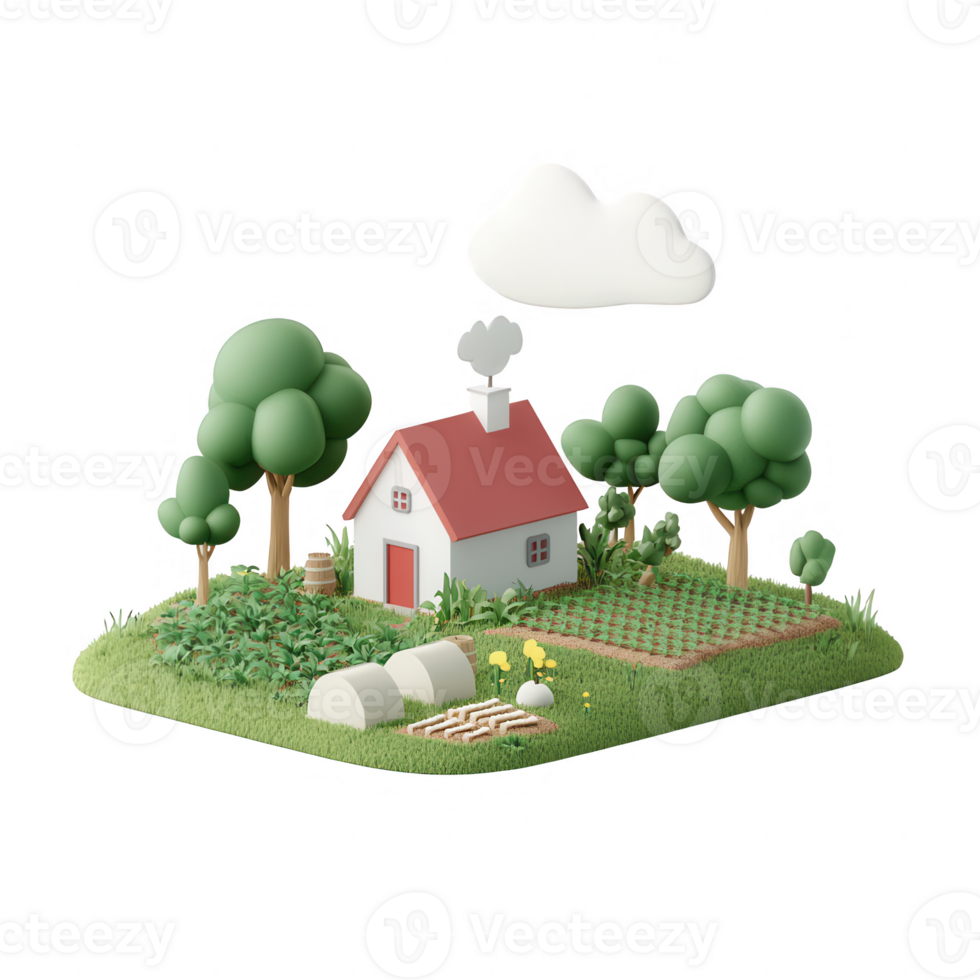 A charming rural house surrounded by vibrant green plants and trees under a blue sky. png