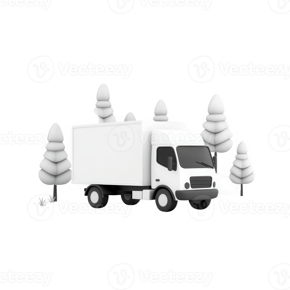 A minimalist truck design set in a snowy landscape with abstract trees. png
