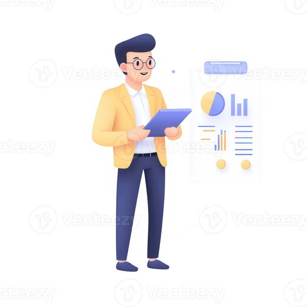 A professional man analyzing data using a digital tablet and chart. png