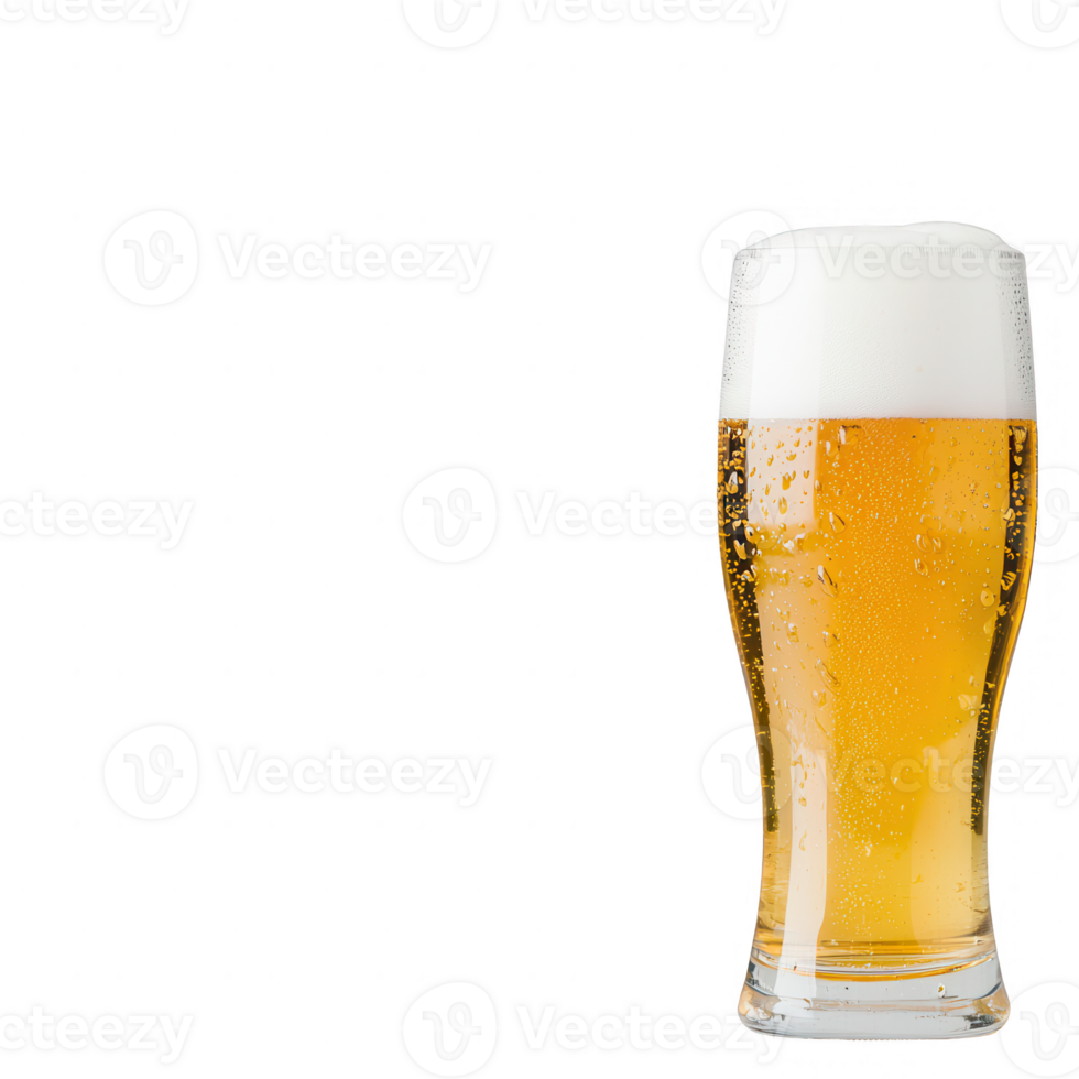 A refreshing glass of beer with a foamy head and bubbles rising to the top. png