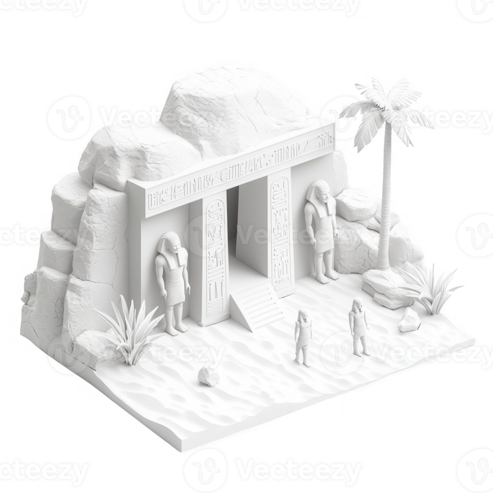 A pristine, detailed model of an ancient temple with palm trees and desert surroundings. png