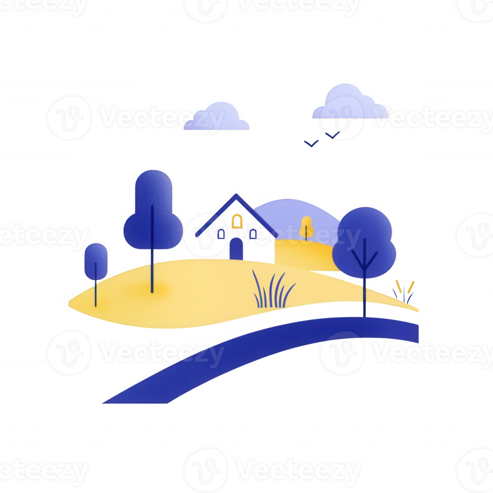 A serene countryside scene featuring a cozy house surrounded by trees and hills. png