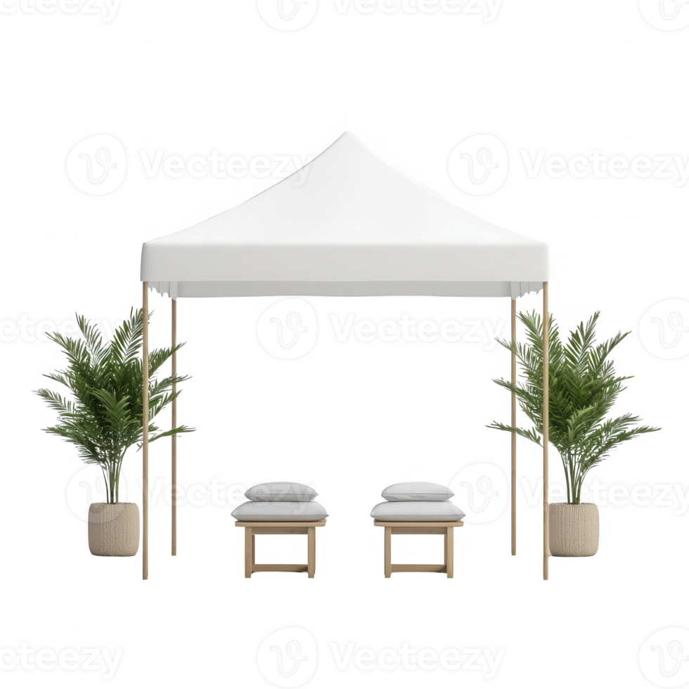 A serene outdoor setup featuring a white tent and comfortable seating. png