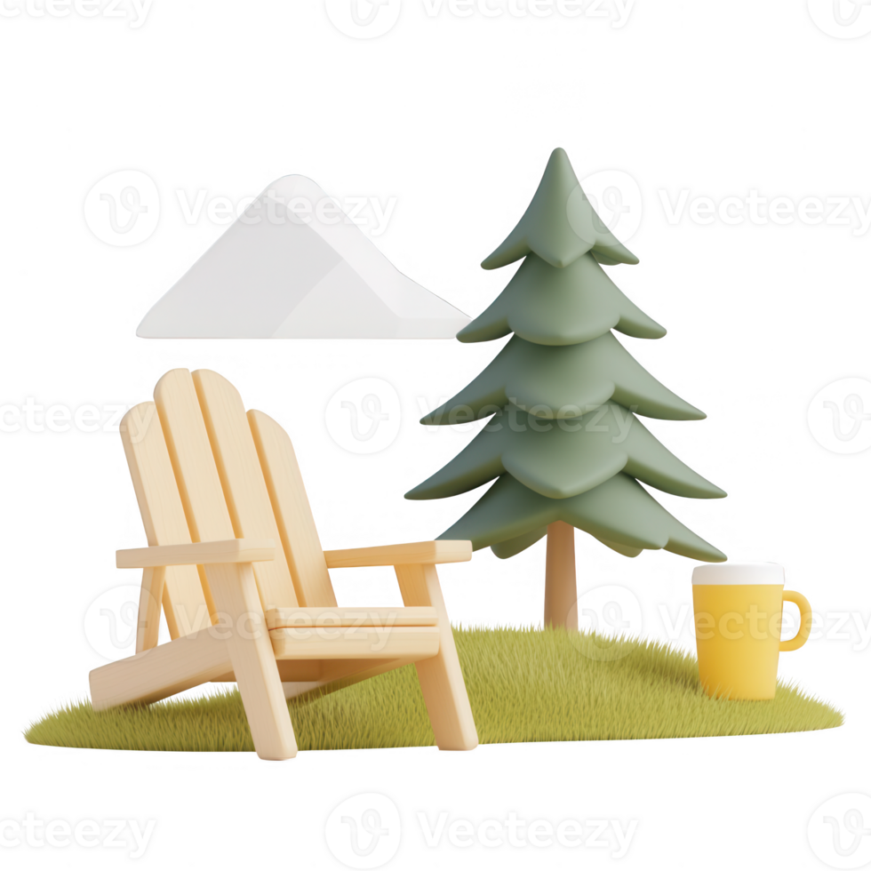 A relaxing scene featuring a wooden chair, tree, mountains, and a refreshing drink. png
