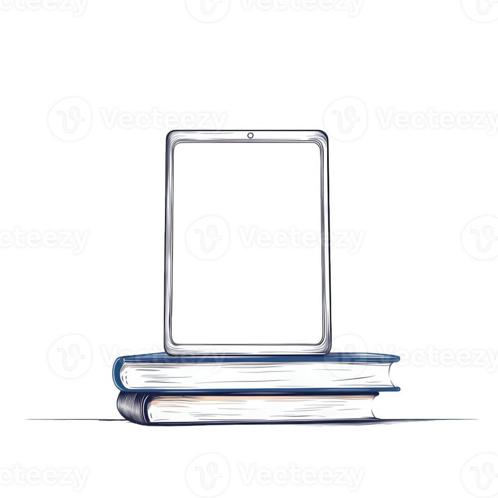 A tablet rests on top of stacked books, symbolizing the blend of technology and literature. png