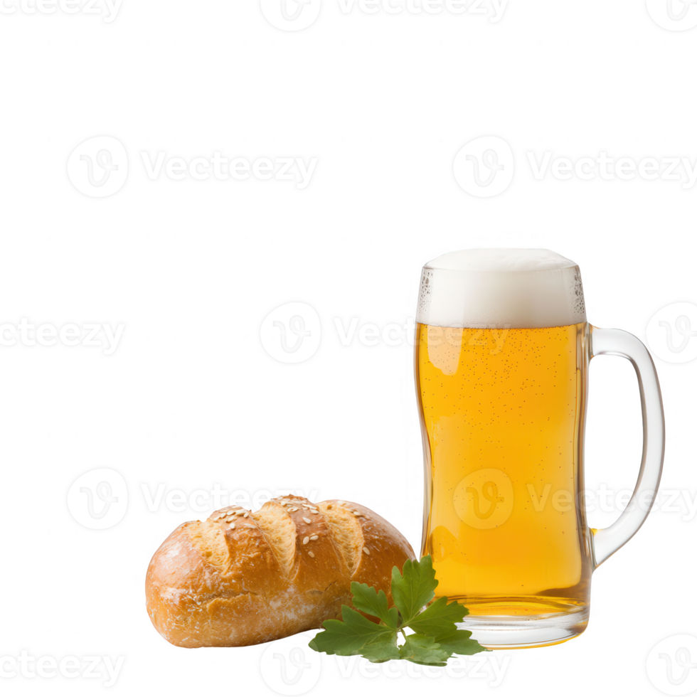 A refreshing beer served with a soft bread roll on a clean background. png
