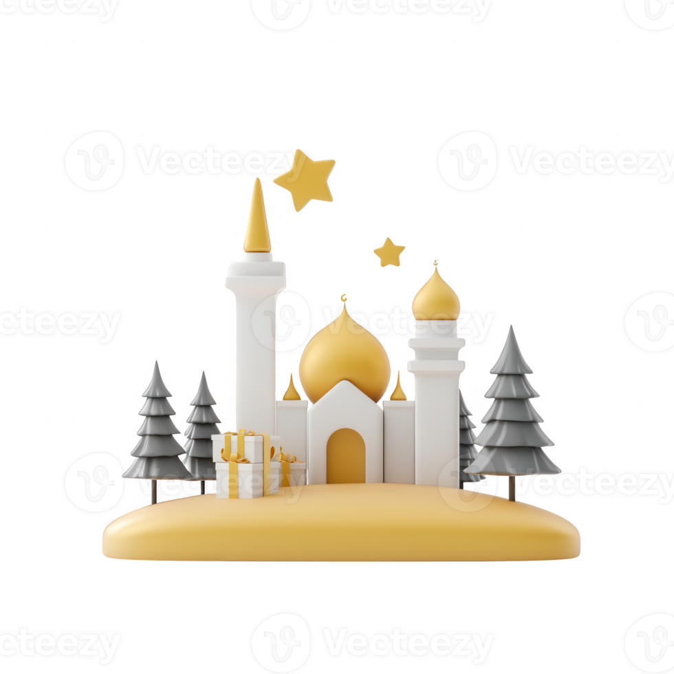 A stylized mosque with stars and trees, representing cultural and religious themes. png