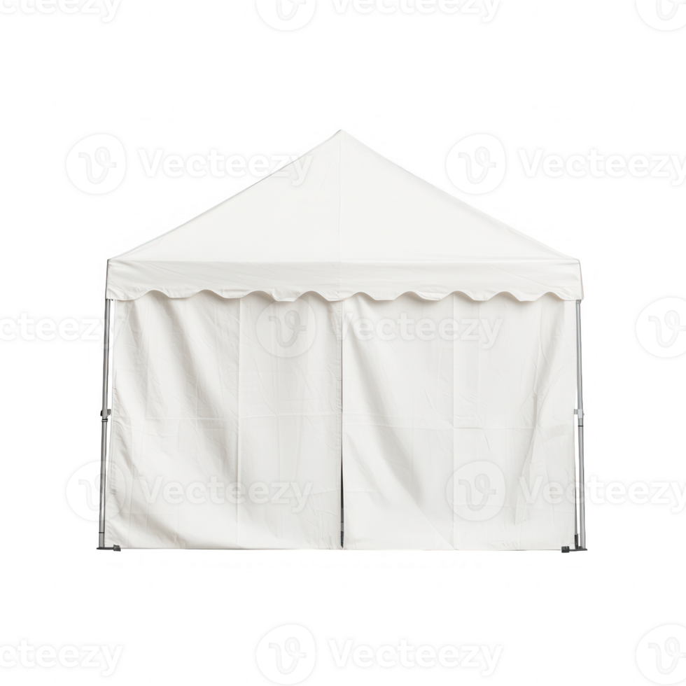 A simple white tent with a peaked roof and open front, perfect for events or markets. png