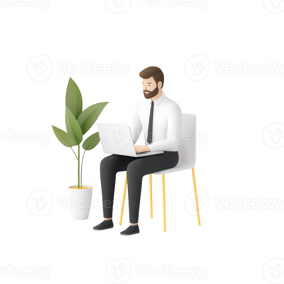 A man working on a laptop while sitting in a modern office setting with a plant. png