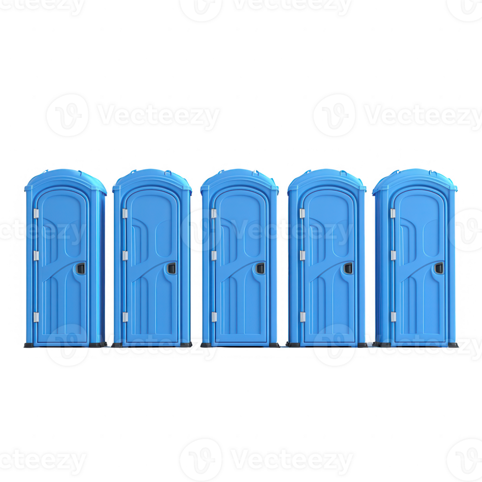 A row of blue portable toilets arranged in a neat line for outdoor events. png
