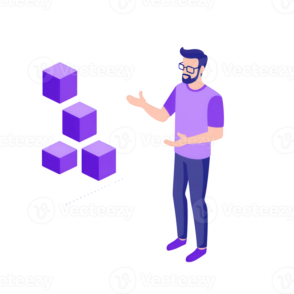 A man explaining a conceptual diagram with purple blocks in a digital environment. png