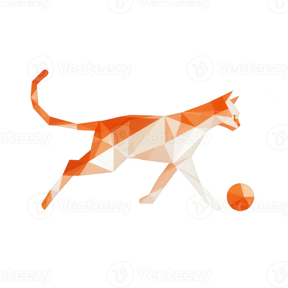 A geometric, abstract illustration of a cat playing with a ball. png