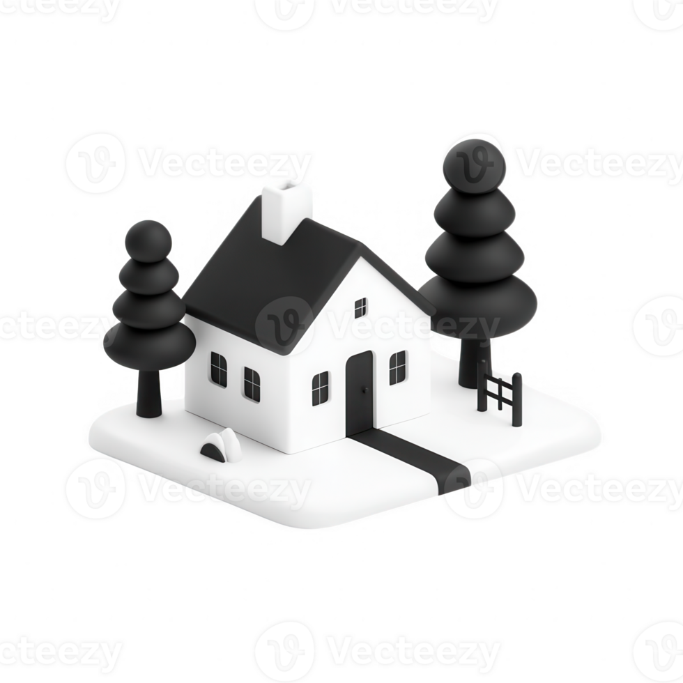 A minimalist black and white house surrounded by stylized trees in a simple landscape. png