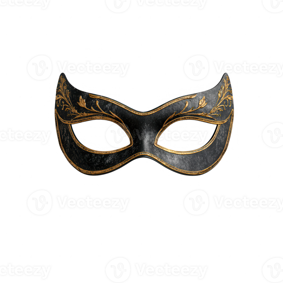 An intricately designed black mask with golden details, perfect for masquerade themes. png
