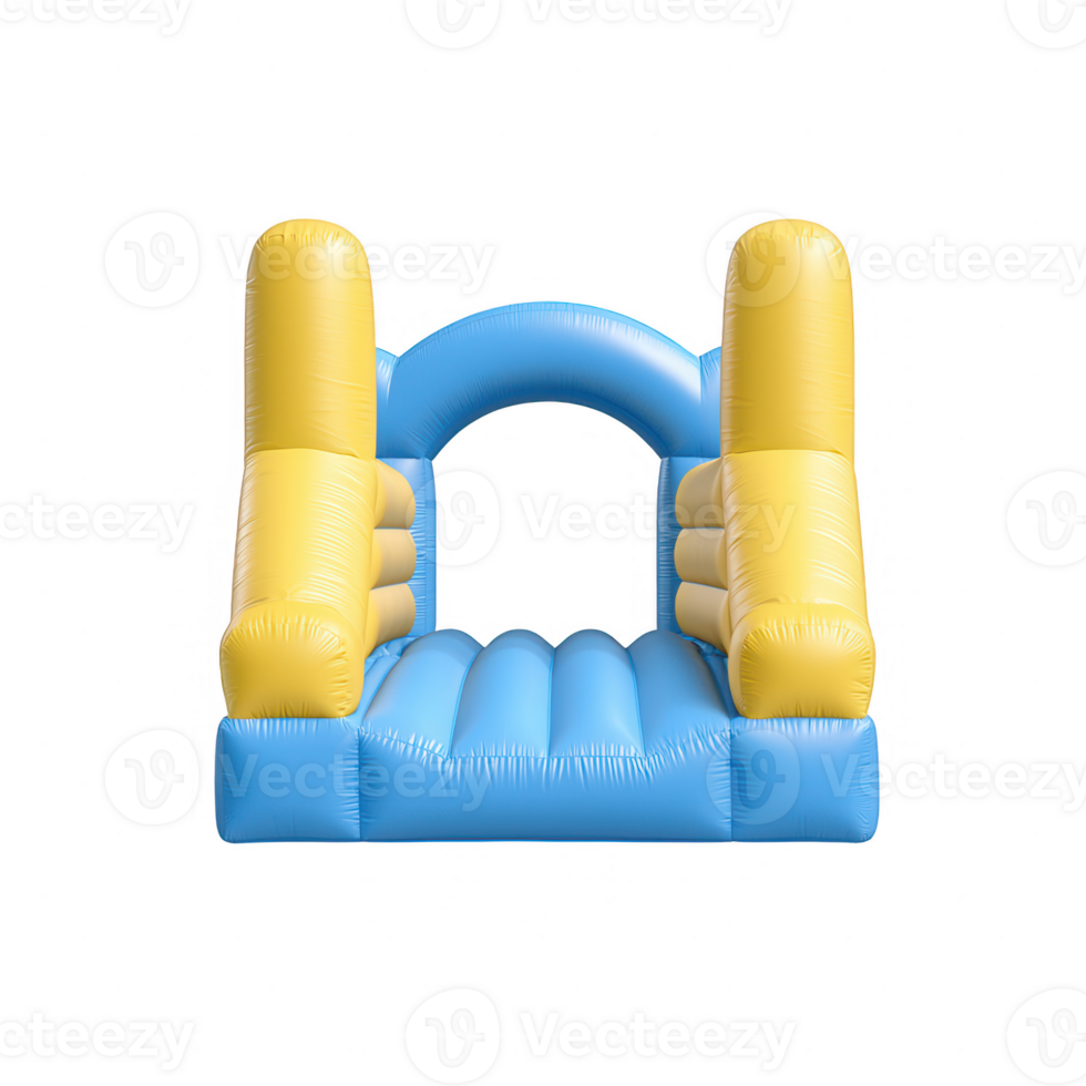 Bright blue and yellow inflatable bouncy castle for children's playtime enjoyment. png