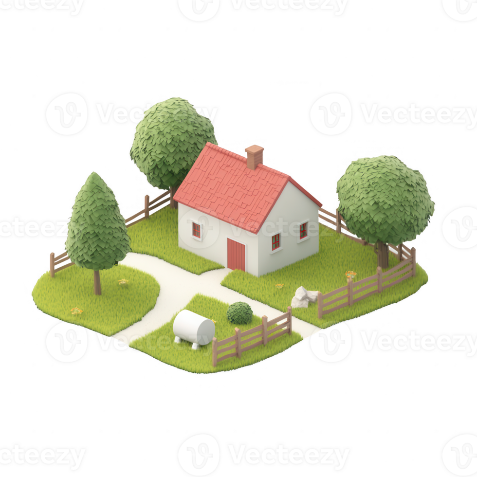 Charming small house with a red roof, surrounded by trees and a white fence. png